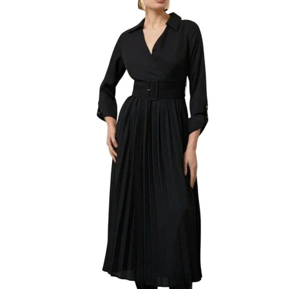 Karen Millen Black Satin Georgette Long Sleeve Pleated Midi Dress size 4 NEW Tag - Picture 1 of 15